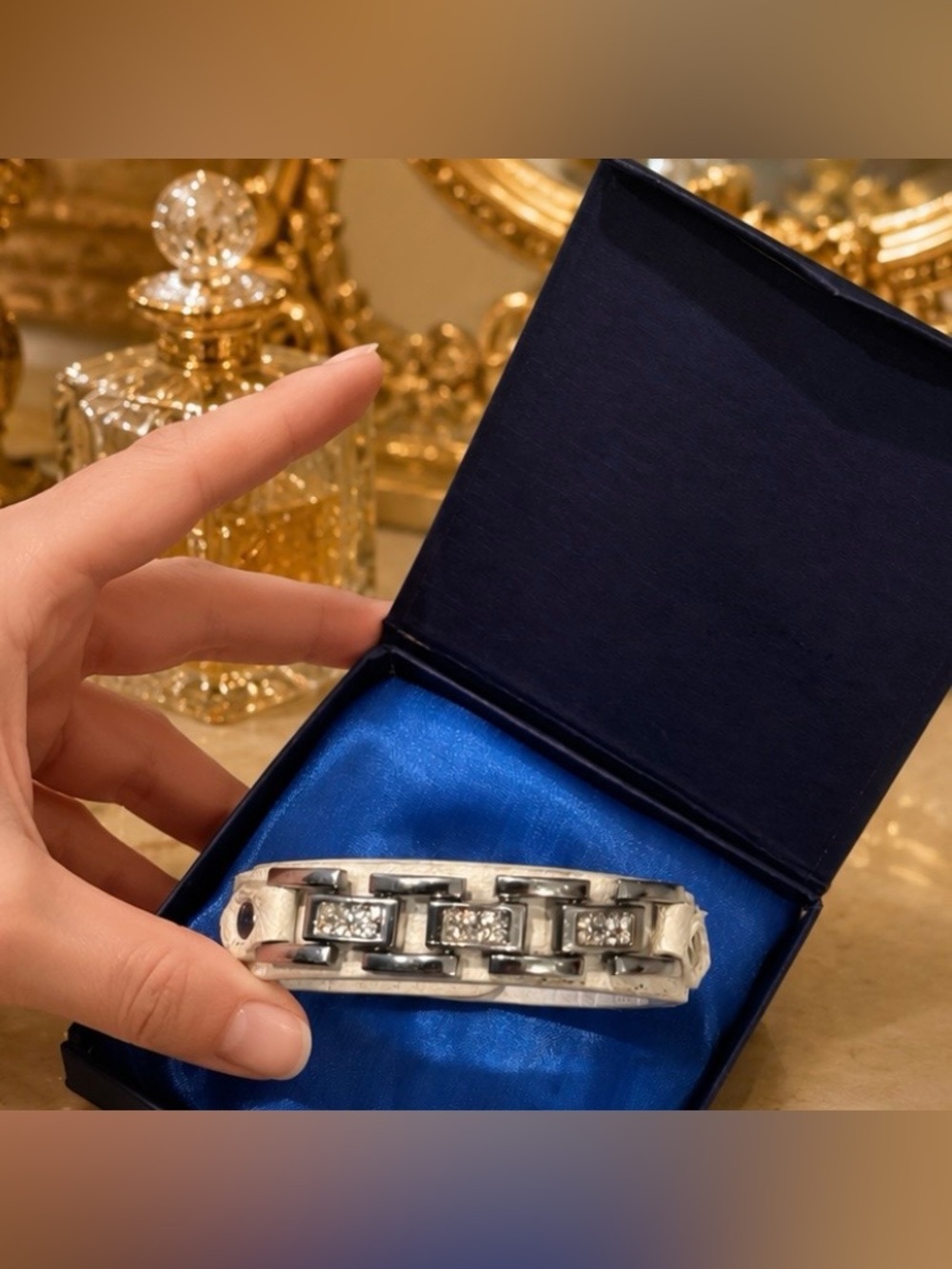 Fine Designer Runway White Leather Bracelet Chain Rhinestone Original Art Unisex